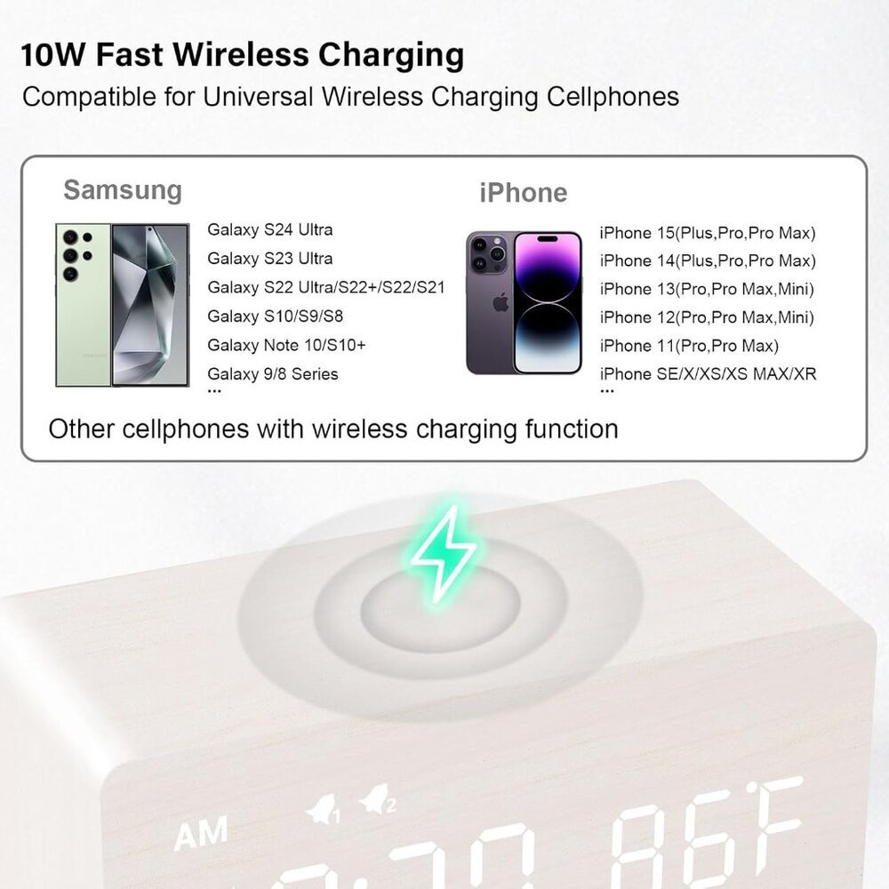 Digital Wooden Alarm Clock with Wireless Charging, 0-100% Dimmer, Dual Alarm, We - Picture 4 of 8